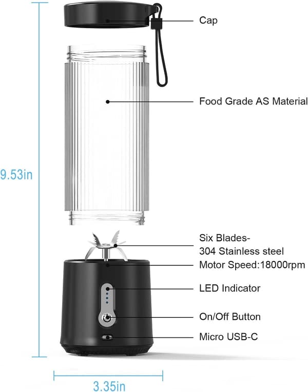 1 stk (Sort) Bærbar Blender - 6 Blade USB Genopladelig Blender