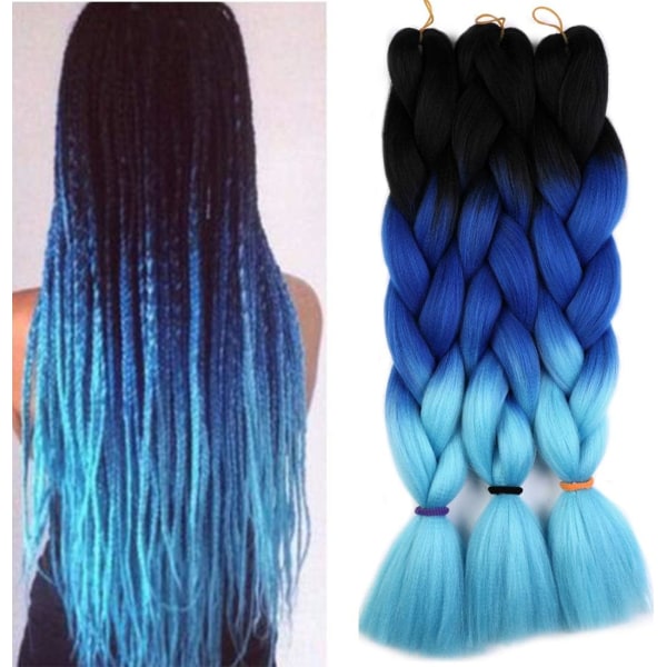 3st (blå) Fläta hårförlängningar 60cm hårförlängning Braid Br