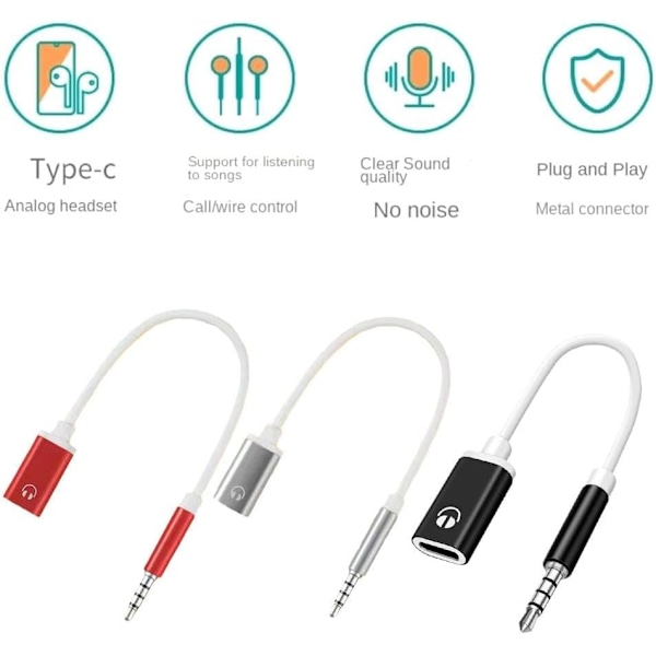2 kpl Musta 3,5 mm:n uros - Type-C naaras audiokaapeli