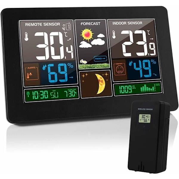 Vejrstation Termometer Hygrometer Barometer Indendørs Udendørs med Sensor LED-skærm, Baggrundsbelyst Digital Ur Visning Tid Dato Dag Månefase (Sort)