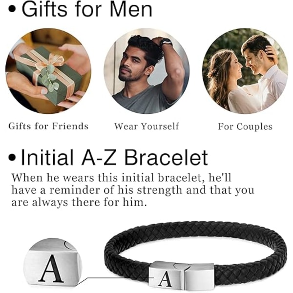 Læderarmbånd til mænd Julegaver - Premium Læder | Justerbar Magnetisk Lås | Meningsfuldt Initial Armbånd til Mænd,A