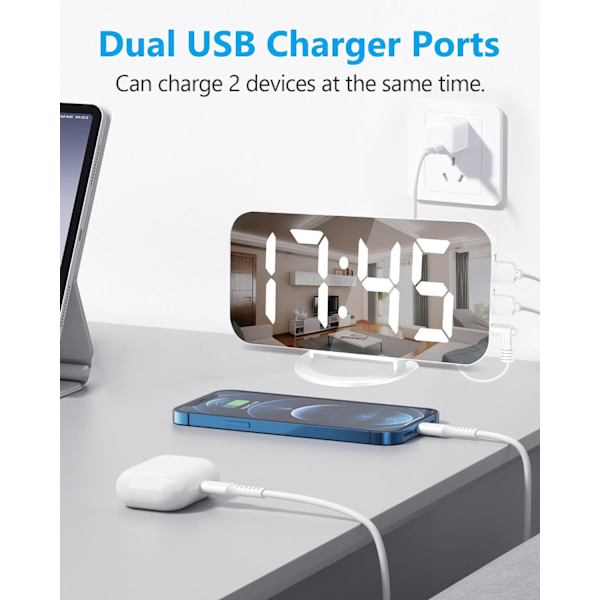 Digital väckarklocka, 6,3 tum LED-spegel elektroniska klockor, med 2 USB-laddningsportar, snooze-läge, automatisk justering av ljusstyrka