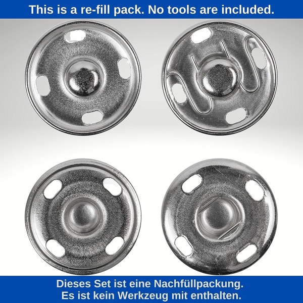 Sy-trykknapper, Ø 12 mm, 20 par i sølv, Spenne for stoff