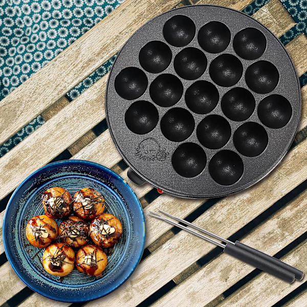 Takoyaki Maker Pan med Temperaturstyring, Tilbehør og Opskrifter, Lav 18 Japanske Blækspruttebolde på én gang, Nem at Bruge