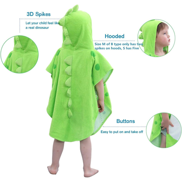 Børne Dinosaur Strandponcho (Grøn A, 2-4 År, 70*140cm), Hætte