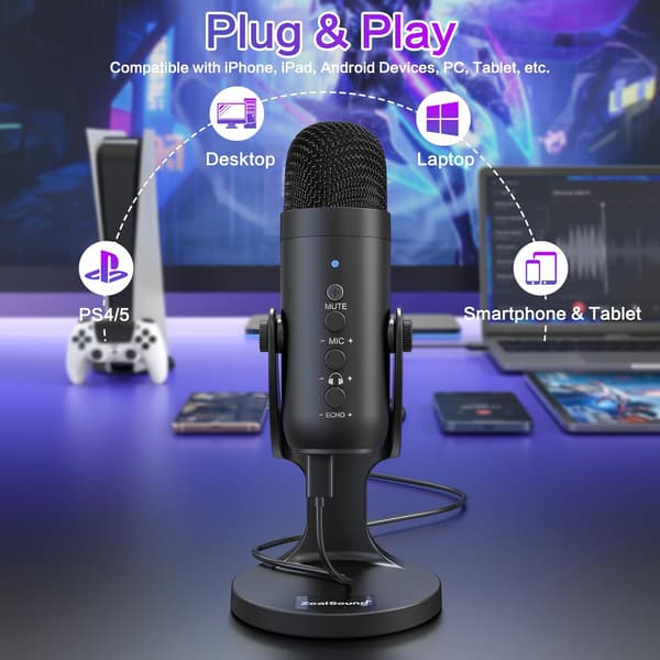 USB Mikrofon, Kondensator Telefon Computer PC Mic Kit, Plug&Play Spil Mikrofoner til PS 4&5. Mic Gain & Volume Control,
