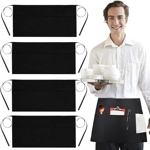 4pcs Short Waiter Apron With 3 Pockets Half Apron Kitchen Cook