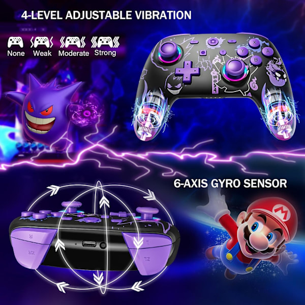Trådløs Pro-kontroller for Nintendo Switch/OLED/Lite, Switch-kontroller med LED-joystick/bevegelse/vibrasjon/turbo/W