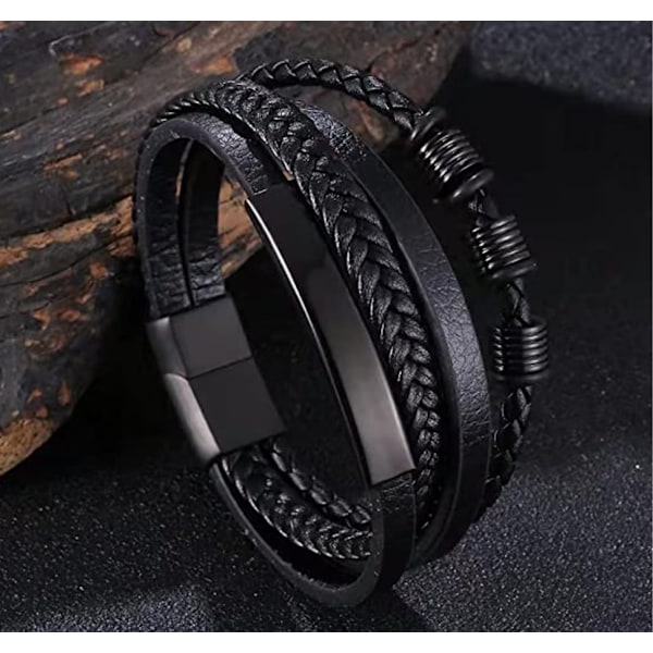 Svart läderarmband för män, Flätat äkta läder Brett armband med magnetisk stängning 21m