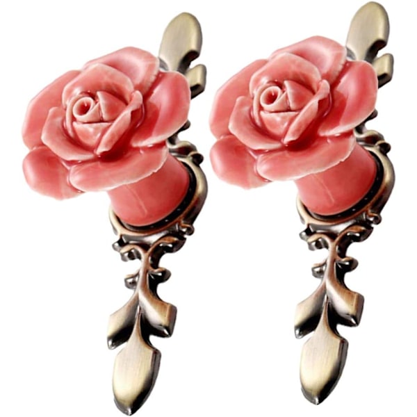 2 rosen keramiske blomster skabslåse med bronze bagplade,