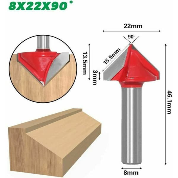 6 stk. lige V-rille fræsebit, 60° 90° 120°, 8 mm skaft, 3D V