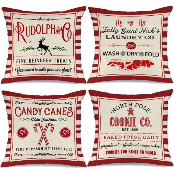 4 Rustic Red Striped Christmas Pillowcases Winter Holiday