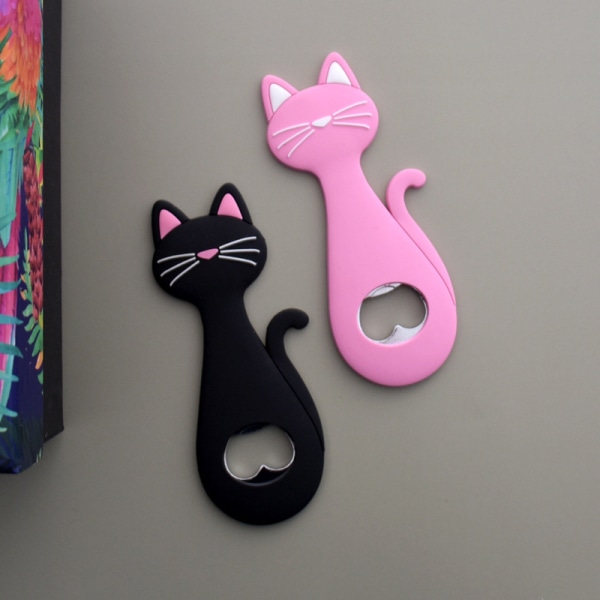 2-pack söt kattflasköppnare (svart, rosa) PVC-plast/metall