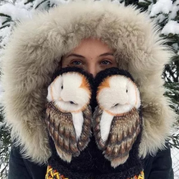 Owl-formade stickade vantar, tumvantar, bruna