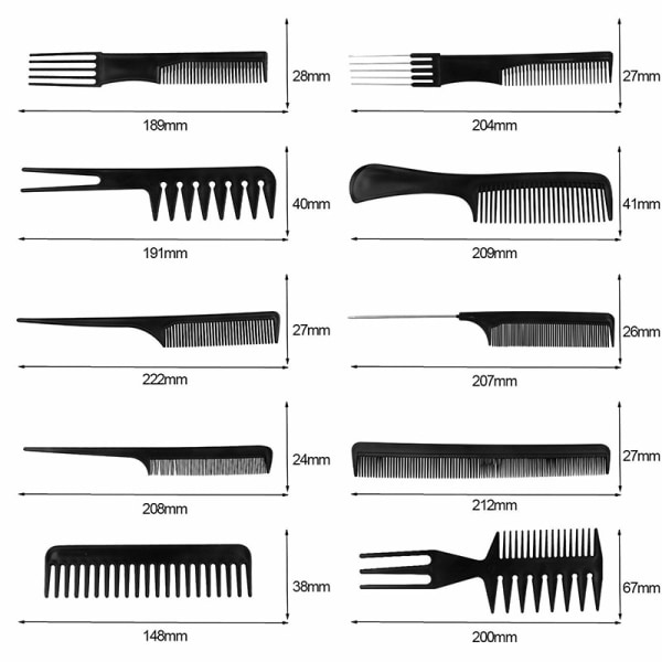 10pcs Black Hair Salon Barber Plastic Hairdressing Comb Set