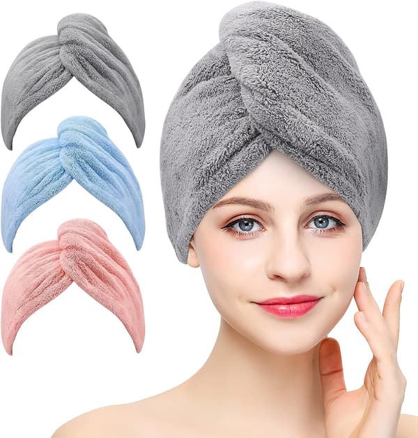 3-pack Superabsorberande Mikrofiber Hårhanddukar med Knappar för