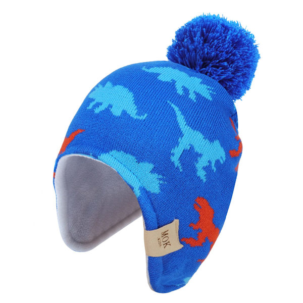 1 Dinosaur barnehørevarmere barnehue med pompom elastisk beanie ullfôr