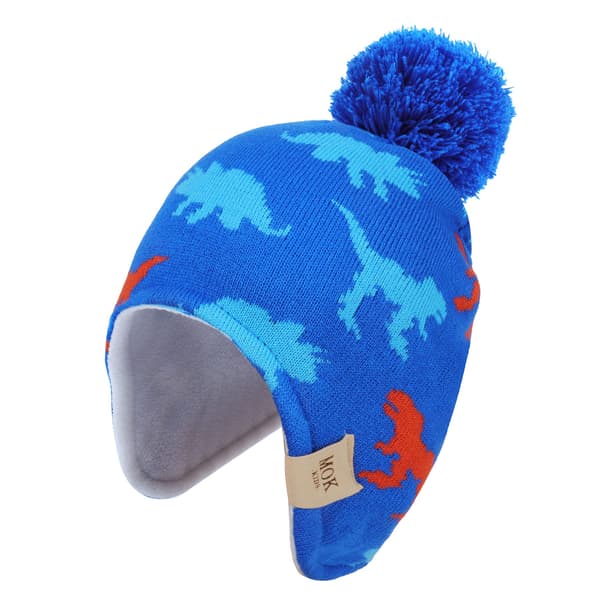 1 Dinosaur børneører med pompom elastisk beanie uldforing