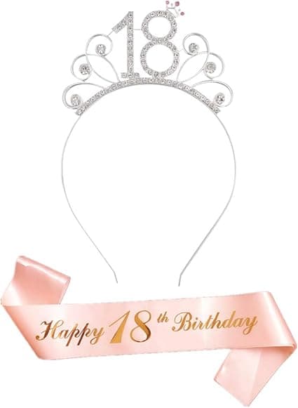 Rosegull 18-årsdag Glad Sjal og 18 Rhinestone Krone