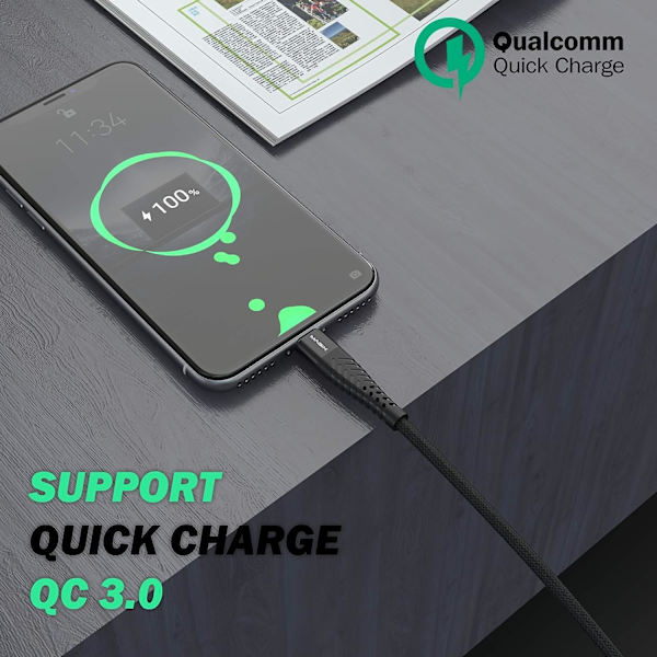 USB-C opladningskabel 3A, QC 3.0 hurtig opladning, høj holdbarhed
