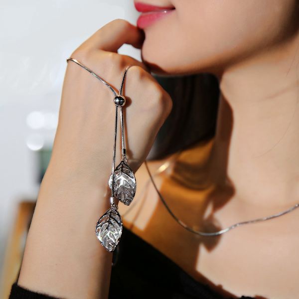 Långt halsband för kvinnor Collier långt halsband dubbla blad lång kedja