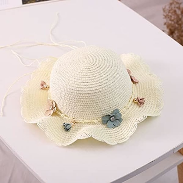 Baby Flickor Blomma Bredbrättad Hatt Sol Strand Stråhatt med Söt Axelväska (Beige)