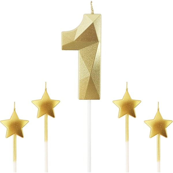 Golden Number 1 Birthday Candles And Star Birthday Candles 2.76 Inch Birthday Cake Candles 3d Diamond Shaped Candles Are Suitable For Birthday Parties