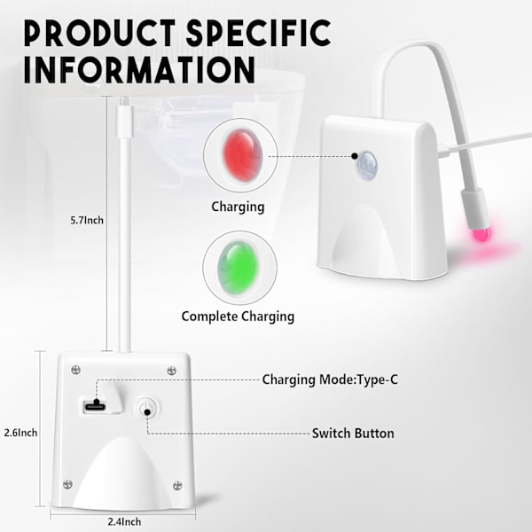 Toalett nattlys med 16 fargeendringer, bevegelsessensoraktivert LED-projektor nattlys, USB-oppladbart toalettlys