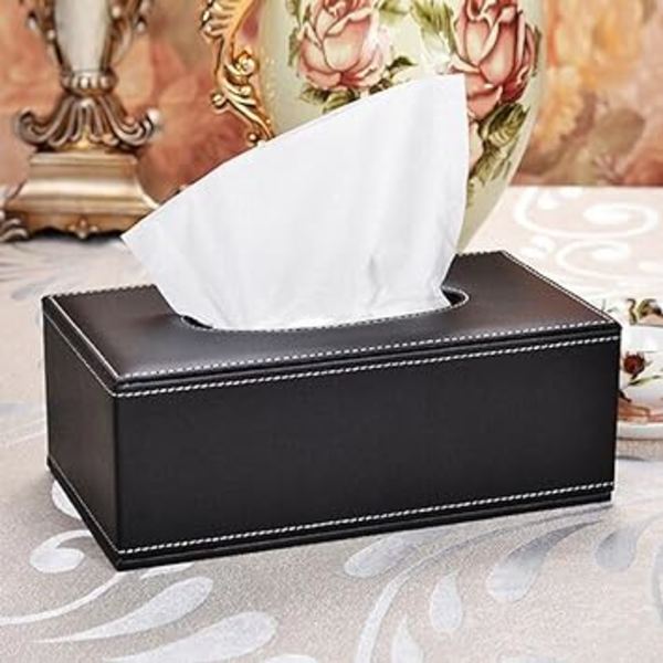(Brun) Premium PU-läder vävnadslåda - 20 x 12 x 9,5 cm