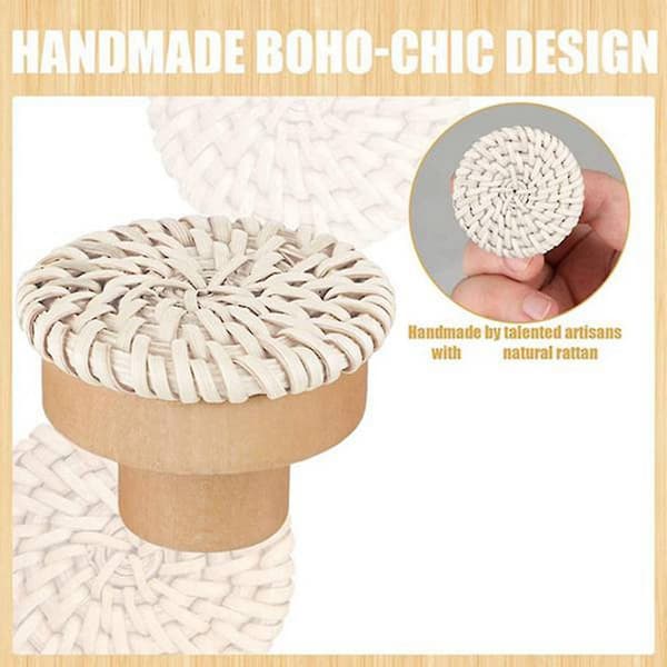 6 stk. Boho Rattan Kommode Knapper Runde Træ Skuffe Knapper
