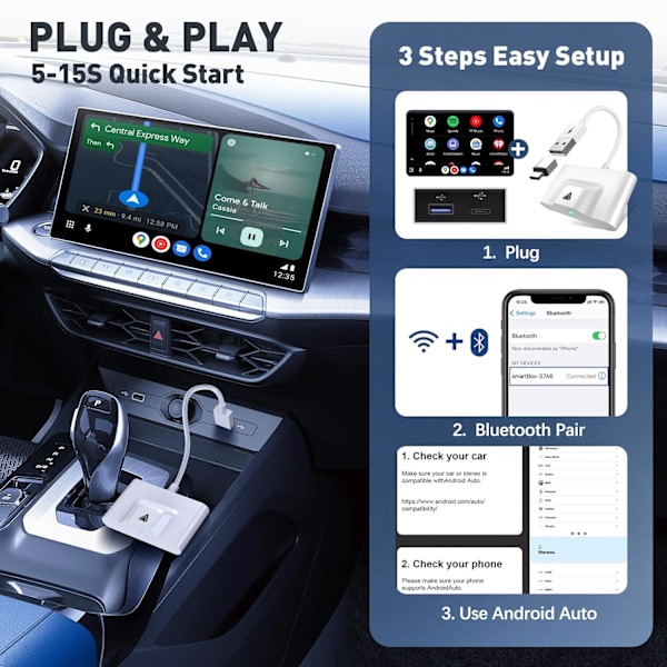 Trådlös Android Auto-adapter för bilar med fabriksmonterad trådbunden Android Auto