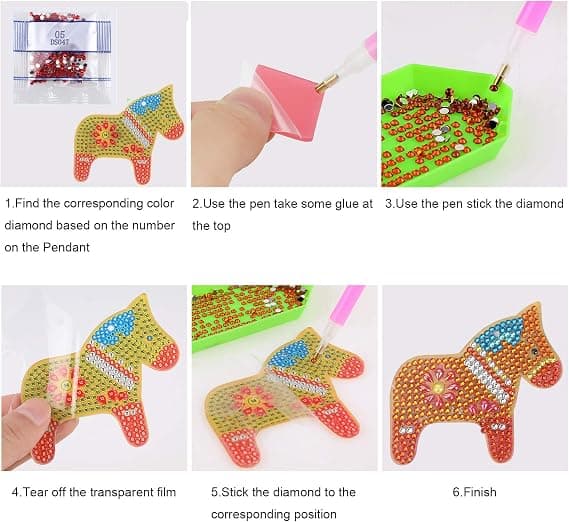 5 st 5D DIY Diamantlackerade Nyckelringar med Dubbelsidig Häst