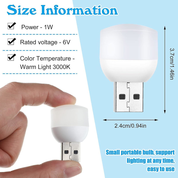 16 stk. Mini natlys USB natlys LED pære plug-in stemningslys USB bærbar hjem lys pære til soveværelse toilet køkken bil, varm hvid