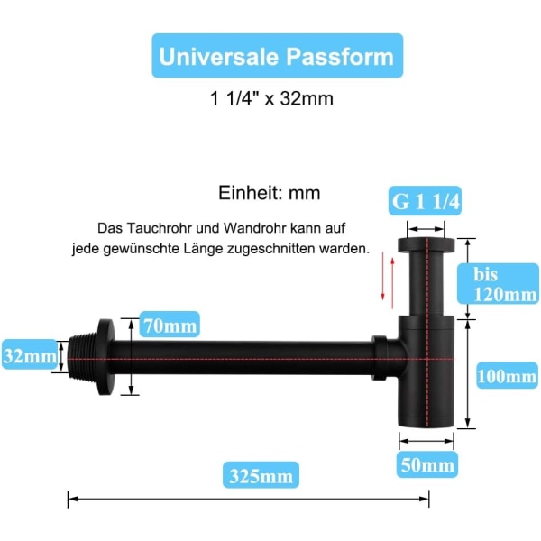 Kopparavloppsrör, Universal Design Trap 1 1/4 x 32mm, Justerbar