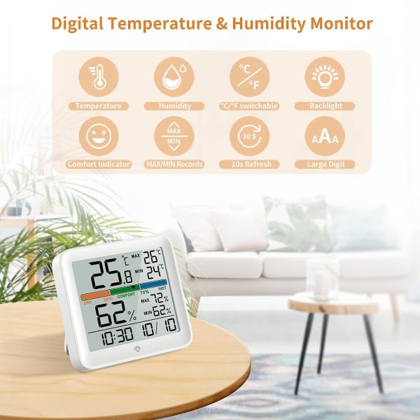 (Valkoinen) Hygrometer Sisämittari - Digitaalinen Kosteusmittari Tarkka Lämpötilanvalvonta Kalibroinnilla MAX/MIN-tallenteet, LCD-taustavalo