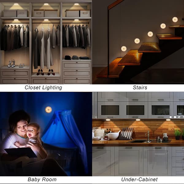 6-pakks LED-lys med bevegelsessensor, oppladbart batteri LED