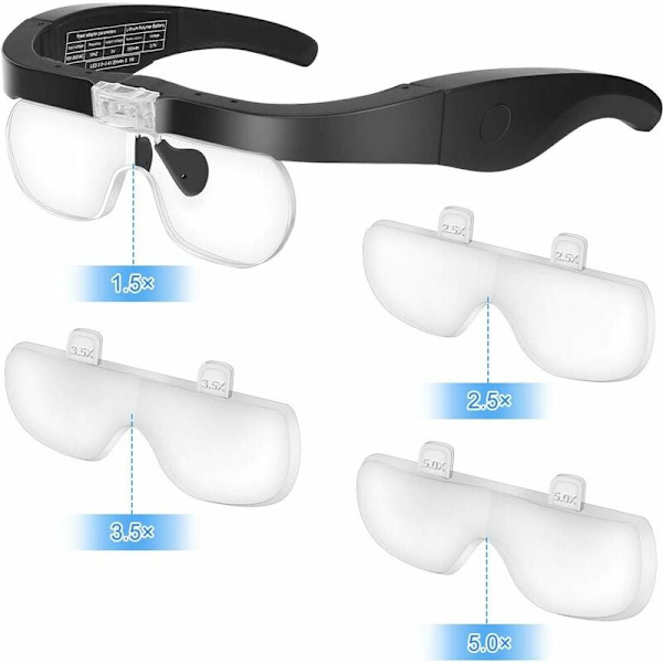 Suurennuslasit 2 LED-valolla, etumikroskooppipannoilla Hands Free -suurennuslasi ompeluun, lukemiseen, korjauksiin, koruihin, kelloihin ja käsitöihin, 4 irrotettavaa linssiä csparkv-eu