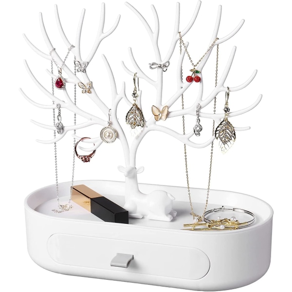 (Vit) Smyckesdisplayträd, Smyckesträd i plast med lådor, Smyckeshållare för örhängen, halsband, armband, klockor och ringar