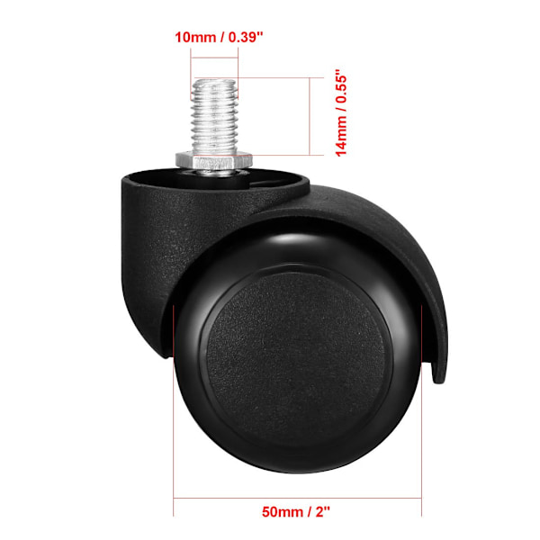 Kontorstolhjul 2 tommer PU Dobbelt Hjul M10x14mm Gjenget Stamme Svingbart Hjul Svart, 5 stk