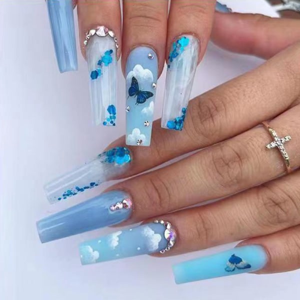 Blue Ice Penetrating Butterfly False Nails (24 stykker),