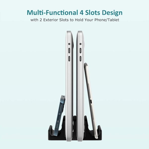 Vertikal bærbar PC-stativ - SPACEMax justerbar GRIPLock Anti-Tip silikon 4 spor aluminium skrivebordsstativ - dobbel dokstativ - 2 telefonspor passer opptil 17,3” bærbare PC-er, nettbrett, telefoner - svart