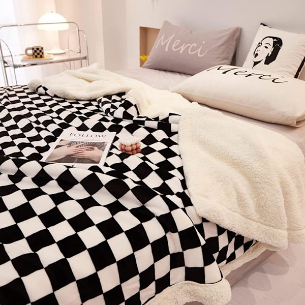 Rutete Fleece-teppe Fluffy Flanell Svart og Hvit Varm og