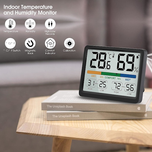 97x73x19mm, inomhus hygrometer termometer - Digital inomhus termometer med maximal och minimal historik, Växlingsalternativ mellan F / C, Lätt att använda, C