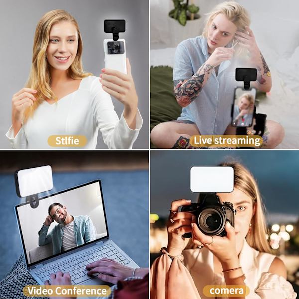 Selfie-lys, LED-telefonlys med 3 lystilstande, USB-oplader bærbar