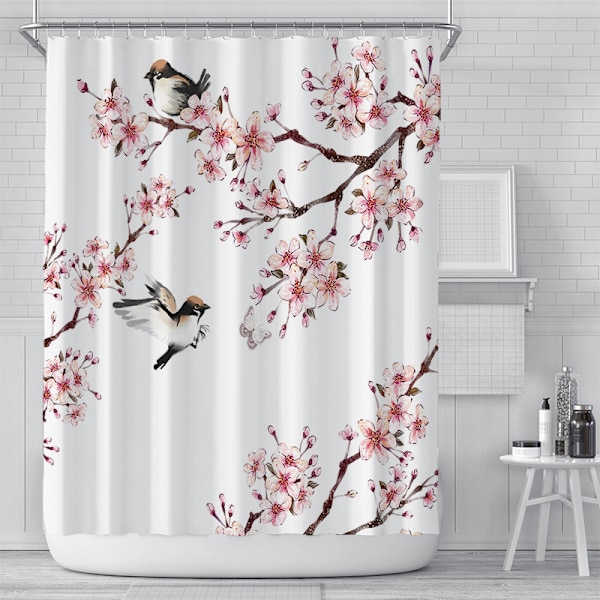 Et sæt (Fugl med blomster, 180cm × 180cm) Bruseforhæng,