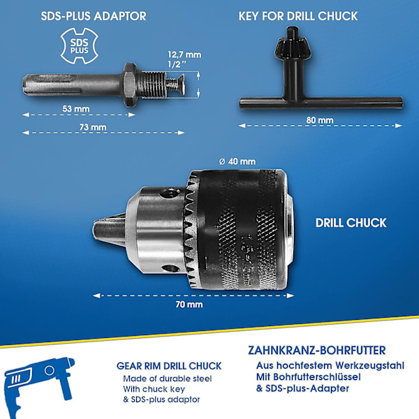 Sds-plus adapter borepatron 1,5-13 mm 1/2-20 unf med og skruenøgle