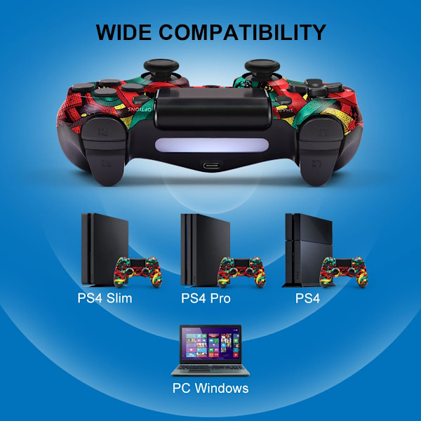PS4 Controller Trådløs, med USB C Kabel/1000mAh Batteri/Dobbelt Motorer/6-akset Gyro/3,5 mm Lydjack/Multi Touch Pad/