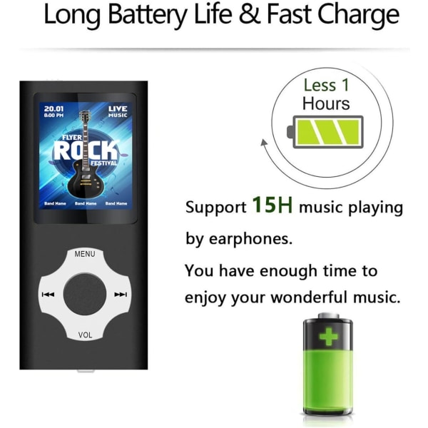 Svart 32GB MP3-spelare, Bärbar HiFi Förlustfri Musikspelare, FM