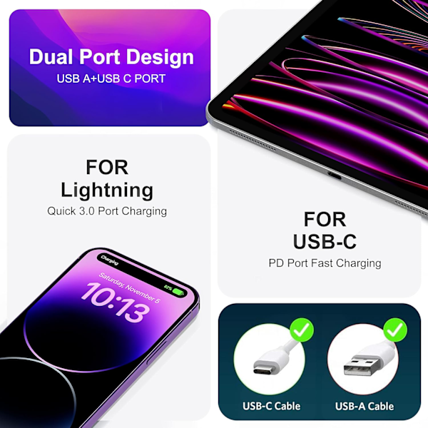 3-pak USB-C væglader, 20W holdbar dobbeltport QC+PD 3.0 strømforsyning, dobbelt hurtig stik laderblok til iPhone