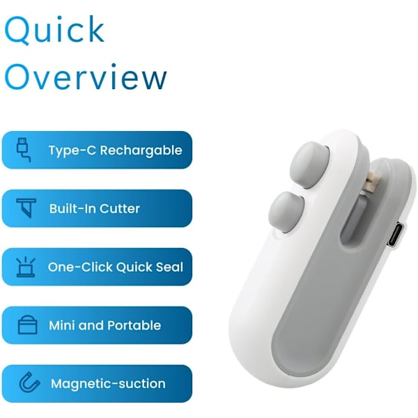 Miniposeforsegler, USB-C ladbare poseforsegler, 2 i 1 poseforsegler med kutter og magnet, Mini poseforsegler